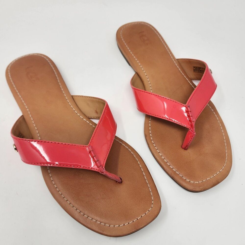 Ugg Tuolumne Thong Sandal Women 9 Patent Flip Flop Neon Pink Logo Rivet EUC - Picture 2 of 11